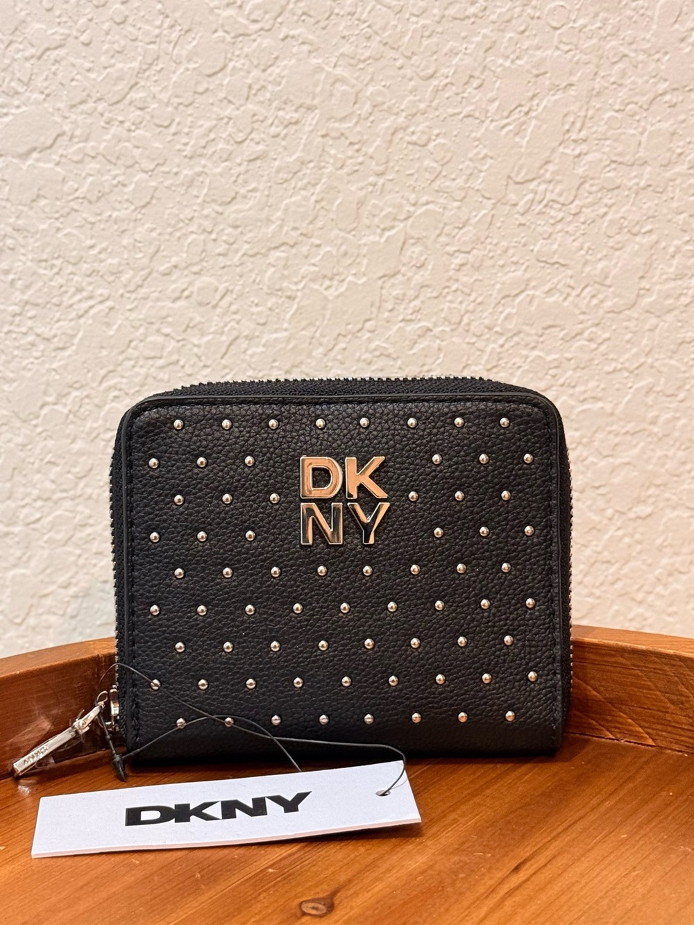 DKNY Black Studded Zip Wallet with Gold Logo